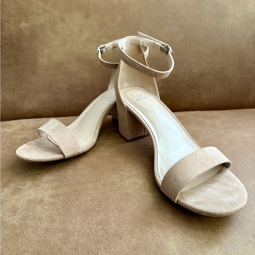 Michaela Taupe Faux Suede Sandals With Block Heel And Ankle Strap.  Size 8.5